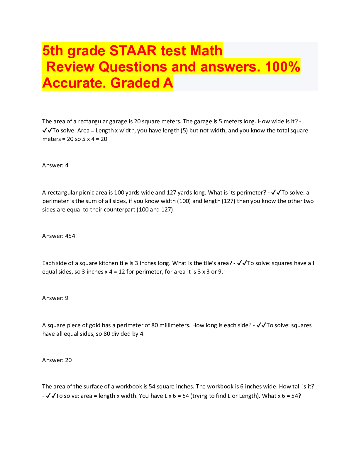 Preview of 5th grade STAAR test Math Review Questions and answers. 100%  Accurate. Graded A